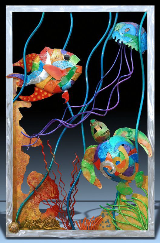 GROUPER, TURTLE, JELLY FISH AND CORAL REEF SCENE