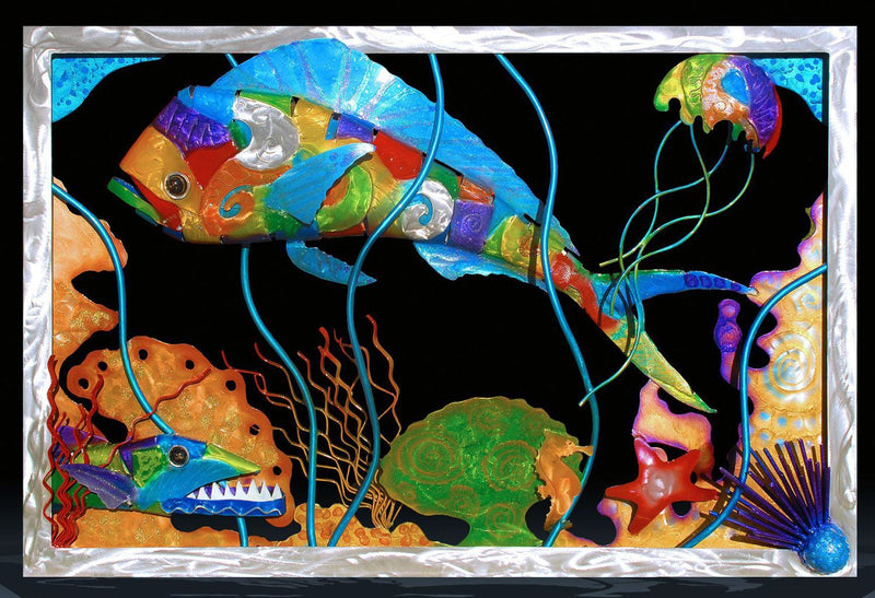 MAHI, BARRACUDA, AND CORAL REEF SCENE